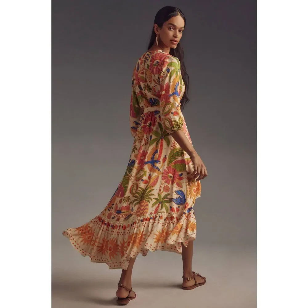 Anthropologie Farm Rio Long-Sleeve V-Neck Wrap Midi Dress - Picture 3 of 8